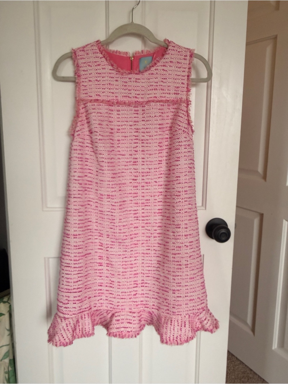 CECE Pink Tweed Ruffle Hem Dress